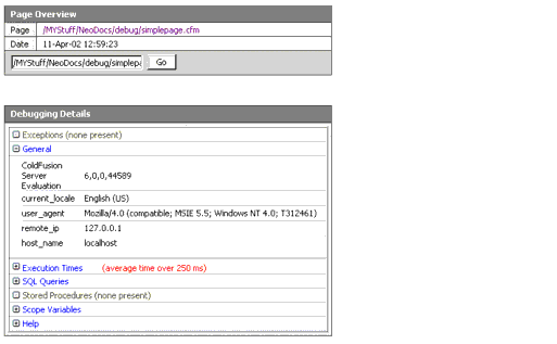 Sample debugging output using the classic output format