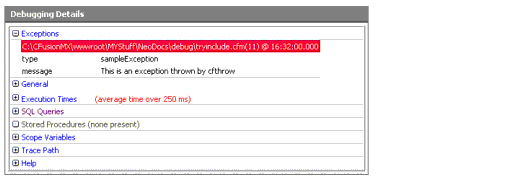 The stored procedures section displays information about the results of using the cfstoredproc tag