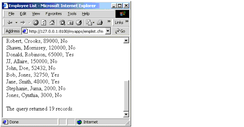 Query output from the cfoutput tag in a browser including the record count